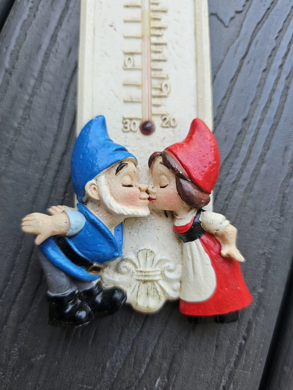 Vintage Whimsical Garden Gnome Thermometer Wall Decor in Red & Blue